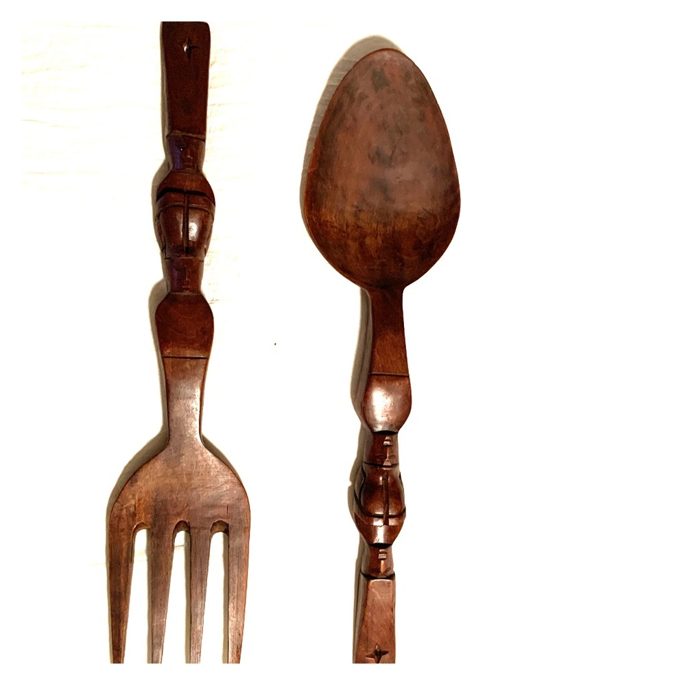 Large decorative wooden fork & spoon